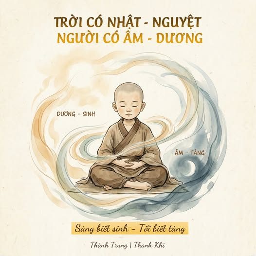 Trên Trời có Mặt Trời và Mặt Trăng. — Dưới Đất có ngày và đêm. — Con người sống giữa Trời Đất, — nên trong thân cũng có — Âm và Dương. — Theo Hoàng Đế Nội Kinh, — hiểu được Nhật – Nguyệt, — mới hiểu được Âm – Dương trong chính mình.