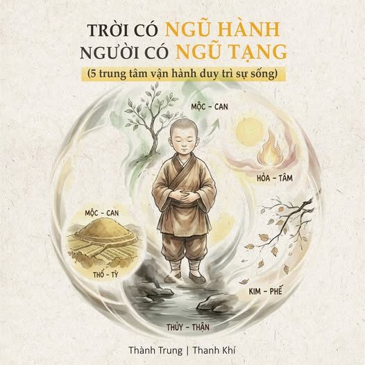 Vì sao Trời Đất vẫn vận hành hài hòa, — mà con người lại ngày càng rối loạn, suy kiệt, sinh bệnh? — Trong Hoàng Đế Nội Kinh, — người xưa không xem con người là một cơ thể đơn lẻ. — Họ nhìn con người như một phần của Trời Đất. — Và từ đó xác lập một nguyên lý rất căn bản: — Trời có Ngũ Hành. — Người có Ngũ Tạng. — Khi Trời vận hành đúng,