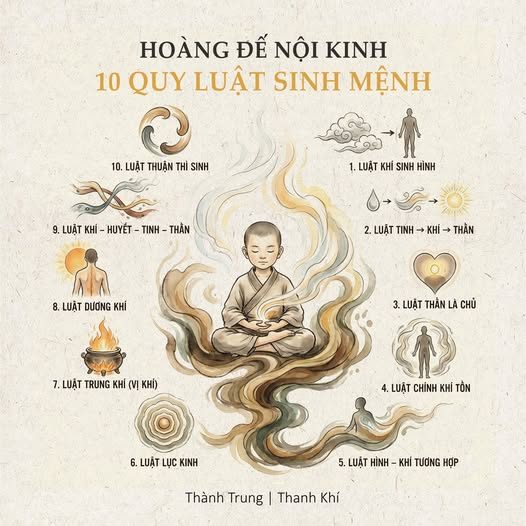 BẢN ĐỒ SINH MỆNH THEO HOÀNG ĐẾ NỘI KINH — Con người sống – suy – bệnh – thọ không nằm ngoài quy luật — Nội Kinh cho rằng: — sinh mệnh con người không phải ngẫu nhiên, — mà vận hành theo những quy luật xác định, — giống như trời đất có nhật nguyệt, bốn mùa và vận khí. — Ai thuận quy luật thì thân an, mệnh bền. — Ai nghịch quy luật thì hao khí, tổn mệnh, sinh bệnh. — Dưới đây là 10 quy luật sinh mệnh cốt lõi,