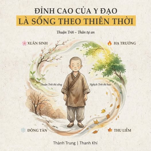 MÌNH 33 TUỔI — Sau 28 năm dùng thuốc để cứu sinh — mới nhận ra 1 điều: — "ĐỈNH CAO CỦA Y ĐẠO LÀ SỐNG THEO THIÊN THỜI" — Chúng ta quen nghĩ: — “Bệnh thì uống thuốc ngay, — đau thì đi khám liền.” — Đó là tư duy thông thường. — Còn bậc Thánh nhân trong Y đạo cổ xưa thì nói thẳng: