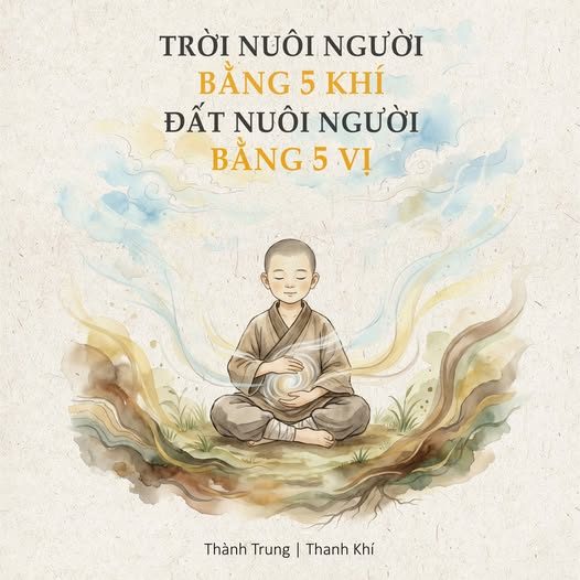 “TRỜI NUÔI KHÍ – ĐẤT NUÔI HÌNH” — BẢN HỢP ĐỒNG SỰ SỐNG GIỮA CON NGƯỜI VÀ VŨ TRỤ — Trong Hoàng Đế Nội Kinh, có một câu định nghĩa trọn vẹn kiếp người: — “Thiên thực nhân dĩ Ngũ khí. — Địa thực nhân dĩ Ngũ vị.” — Trời nuôi người bằng Khí. — Đất nuôi người bằng Vị. — Chúng ta thường nghĩ mình sống được nhờ cơm ăn, áo mặc, tiền bạc, thuốc men. — Nhưng trong con mắt của cổ nhân, sự tồn tại của con người là một cuộc vay mượn vĩ đại từ hai người Cha Mẹ: — Cha Trời và Mẹ Đất.