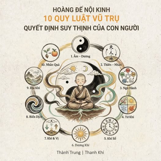 10 TRỤ CỘT SINH HOÁ CỦA ĐẤT TRỜI — Hoàng Đế Nội Kinh xem vũ trụ là một hệ thống sống có trật tự. — Con người không đứng ngoài hệ đó, mà là một phần nằm trọn bên trong. — Dưới đây là 10 quy luật cốt lõi chi phối trời đất và sinh mệnh con người.