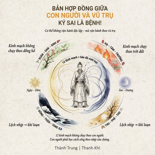 Vì sao 12 KINH MẠCH phải sống theo nhịp của MẶT TRỜI và BỐN MÙA? — Hoàng Đế có một tư tưởng rất “ngược đời” với người hiện đại: — Cơ thể con người không vận hành độc lập. — 12 kinh mạch trong người bạn — không chạy theo đồng hồ, — không theo lịch làm việc, — không theo deadline xã hội. — Chúng chạy theo Mặt Trời, Mặt Trăng và bốn mùa. — 1. 12 KINH MẠCH KHÔNG PHẢI HỆ THỐNG KHÉP KÍN — Trong Hoàng Đế Nội Kinh, con người được đặt vào một trật tự lớn hơn: