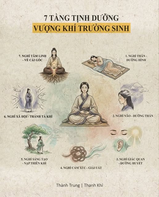 KHÔNG PHẢI CỨ NGỦ LÀ KHỎE — 7 TẦNG NGHỈ NGƠI ĐỂ DƯỠNG MỆNH — Nội Kinh nói: — “Tinh thần lao nhọc thì thân xác tất suy.” — Ngủ đủ mà vẫn mệt — → vì bạn chỉ nghỉ THÂN, — chưa nghỉ TÂM và THẦN. — Muốn hồi phục thật sự, cần đủ 7 tầng nghỉ ngơi sau: — 1. NGHỈ THÂN – DƯỠNG HÌNH