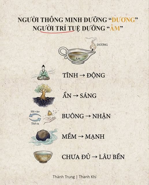 NGƯỜI THÔNG MINH DƯỠNG “DƯƠNG” — NGƯỜI TRÍ TUỆ DƯỠNG “ÂM” — Vì sao càng cố gắng nhanh, người ta lại càng về đích chậm? — Chúng ta đang sống trong một thời đại tôn sùng DƯƠNG: — Nhanh hơn – Mạnh hơn – Nổi bật hơn – Bận rộn hơn. — Và ta sợ ÂM: Chậm – Yên – Một mình – Tĩnh lặng. — Kết quả? — Rất nhiều người thành công bên ngoài nhưng kiệt quệ bên trong. — Dương vượng – Âm suy.
