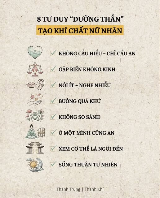 8 TƯ DUY “DƯỠNG THẦN — TẠO KHÍ CHẤT NỮ NHÂN — Cổ nhân nói trong Hoàng Đế Nội Kinh: — “Dưỡng sắc không bằng dưỡng Khí, dưỡng Khí không bằng dưỡng Thần.” — Phụ nữ có Thần — không cần phấn son, người khác vẫn thấy sang. — 1. Không cầu người hiểu – chỉ cầu mình an — Người hiểu, không cần giải thích. — Người không hiểu, giải thích cũng vô ích. — Tâm an thì Thần mới sáng. — 2. Gặp biến không kinh – gặp nhục không giận