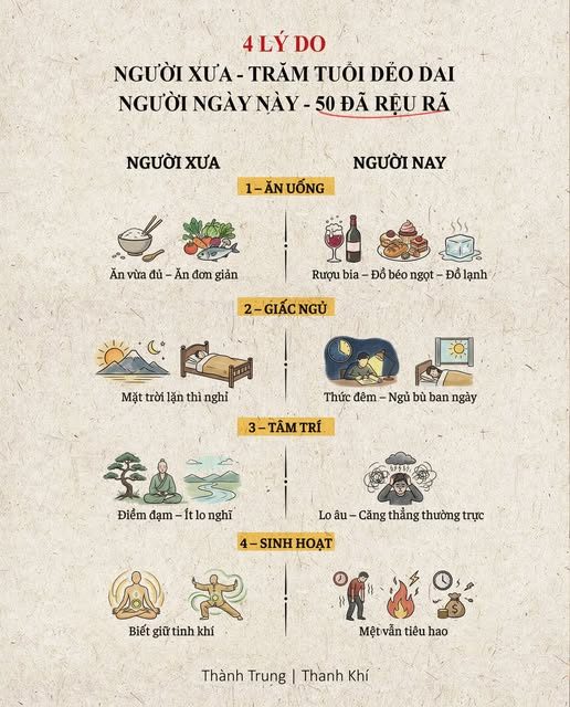 NGƯỜI XƯA DƯỠNG MỆNH — NGƯỜI NAY PHÁ THÂN — Trong Hoàng Đế Nội Kinh, cổ nhân nói rất rõ: — Thuận thì sinh – Nghịch thì suy. — Người hiện đại đang nghịch đủ 4 thứ này: — 1. Nghịch về ăn uống – lấy rượu làm nước — Người xưa — Ăn có chừng mực. — Đói thì ăn, đủ thì dừng. — Thức ăn đơn giản để nuôi Tỳ Vị. — Người nay