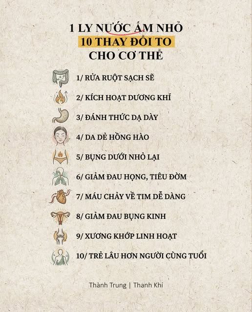 ĐIỀU ĐẦU TIÊN MỖI SÁNG MÌNH LÀM LÀ — XUỐNG GIƯỜNG - RÓT NƯỚC ẤM — Sau 12 tháng liên tục, những điều thú vị đã xảy ra: — 1. "RỬA RUỘT" SẠCH SẼ (Thải độc đại tràng) — Sau một đêm dài, ruột chứa đầy cặn bẩn. Ly nước ấm lúc bụng rỗng giống như dòng nước lũ, cuốn trôi mọi độc tố ra ngoài. Bạn sẽ đi vệ sinh cực kỳ đều đặn và nhẹ nhàng. — 2. KÍCH HOẠT DƯƠNG KHÍ (Đốt lửa sự sống) — Buổi sáng là lúc Dương khí cần thăng lên. Nước ấm giúp "thổi bùng" ngọn lửa này. Nước lạnh dập tắt nó. Người uống nước ấm luôn tràn đầy năng lượng, không bị uể oải, ớn lạnh. — 3. ĐÁNH THỨC DẠ DÀY (Khởi động máy móc)