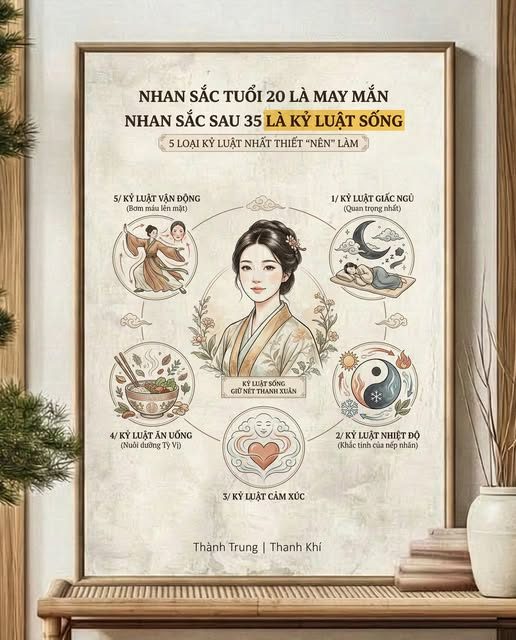 NHAN SẮC TUỔI 20 LÀ TRỜI CHO — NHAN SẮC SAU 35 LÀ KỶ LUẬT SẮT — Cổ thư Đông y viết rất thẳng: — “Nữ giới 35 tuổi, mạch Dương Minh suy, — da mặt bắt đầu sạm, tóc bắt đầu rụng.” — 28 tuổi là đỉnh cao rực rỡ. — Từ 29–35 là giai đoạn chuyển giao âm thầm. — Qua 35, nếu không giữ, già đến rất nhanh. — Muốn thắng được lão hóa, không cần mỹ phẩm tiền triệu trước tiên. — Mà cần 5 loại kỷ luật dưới đây.