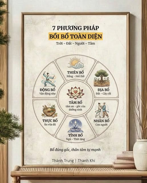 7 CÁCH THỨC BỒI BỔ KHÔNG TỐN THÊM TIỀN — Theo Nội Kinh, dưỡng sinh không nằm ở thuốc quý, — mà ở việc mượn đúng lực của Trời – Đất – Người – và chính mình. — Dưới đây là 7 cách bổ căn bản. — Làm đều, cơ thể tự mạnh lên.