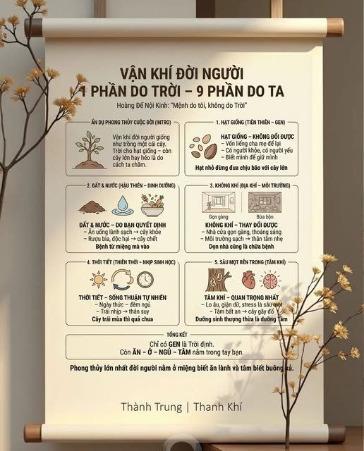 VẬN KHÍ ĐỜI NGƯỜI: 1 PHẦN DO TRỜI, 9 PHẦN DO TA — Trưa nay lật 1 trang, thấy điều này khá hay. — Người đời thường thích đi xem bói để hỏi về tương lai. — Hỏi xem mình giàu hay nghèo, thọ hay yểu? — Cứ ngỡ mọi sự do Trời định, do cái "Số". — Nhưng Hoàng Đế Nội Kinh lại bảo: "Mệnh do tôi, không do Trời". — Thực ra, Vận Khí của đời người giống hệt như việc trồng một cái cây. — Trời chỉ cho hạt giống. — Còn cây có thành cổ thụ hay chết héo là do 5 yếu tố này quyết định: