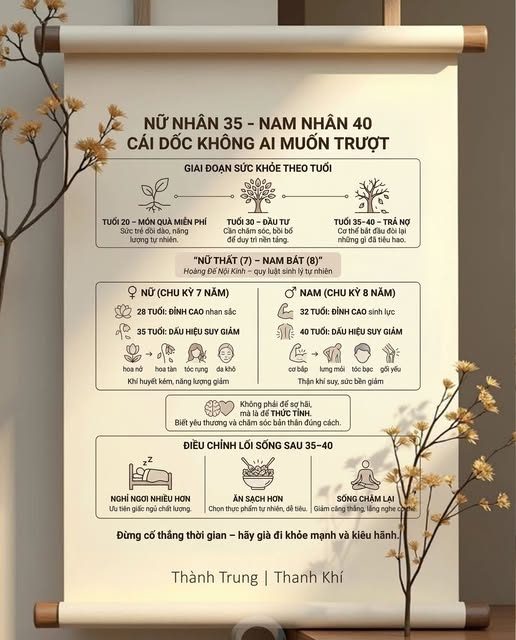 NỮ NHÂN 35 - NĂM NHÂN 40 TUỔI — VÌ SAO SAU GIAI ĐOẠN NÀY, SỨC KHOẺ LAO DỐC? — Năm 20 tuổi, sức khỏe là món quà miễn phí Trời cho. — Năm 30 tuổi, nó là tài sản ta bắt đầu phải đầu tư. — Nhưng bước qua ngưỡng 35-40, sức khỏe bỗng hóa thành "món nợ" phải trả dần nếu ta từng sống phung phí. — Tại sao lại là con số 35 và 40?