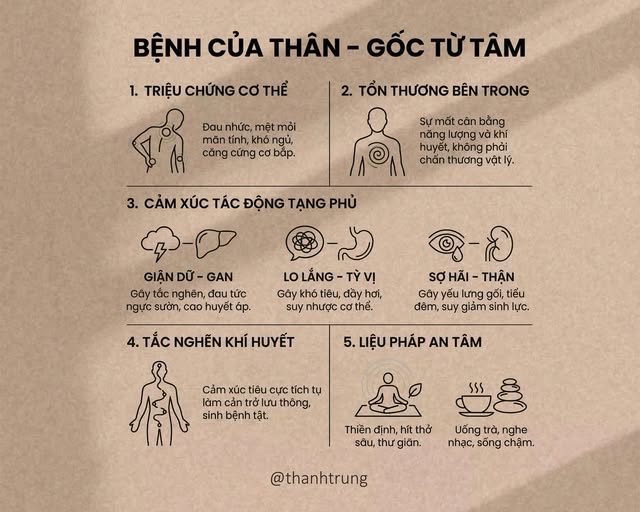 BỆNH CỦA THÂN, GỐC TỪ TÂM MÀ RA — Người ta thường mải mê chạy chữa những vết đau trên cơ thể. — Nhưng lại quên mất rằng, vết thương trong tâm hồn mới là thứ khó lành nhất. — Tại sao ăn uống đủ đầy mà dạ dày vẫn đau? — Tại sao nằm trên nệm ấm chăn êm mà mắt vẫn chong chong thức? — Tại sao không làm việc nặng nhọc mà vai gáy lúc nào cũng nặng trĩu như đeo đá? — Nội Kinh đã dạy: "Nội thương tỳ vị, bách bệnh do sinh". — Nhưng cái thương tổn ấy, phần lớn đến từ thất tình lục dục: — Giận quá thì khí bốc lên hại Gan. — Lo nghĩ quá thì khí kết lại hại Tỳ (Tiêu hóa). — Sợ hãi quá thì khí tụt xuống hại Thận.
